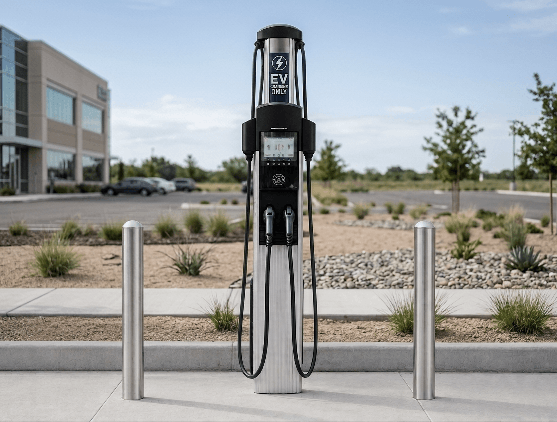 EV charging stations in a commercial parking lot